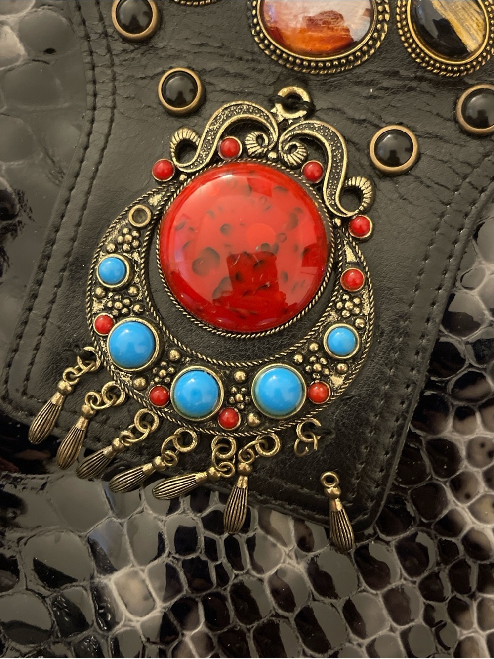 Black Embossed Patent Tote with Decorative Gem Accent - Picture 9 of 10